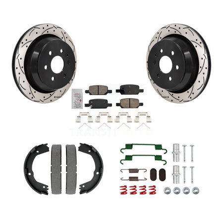 Rear Disc Drilled & Slotted Rotors Ceramic Pads Parking Shoes Hardware Kit For Chevrolet KDA-103812