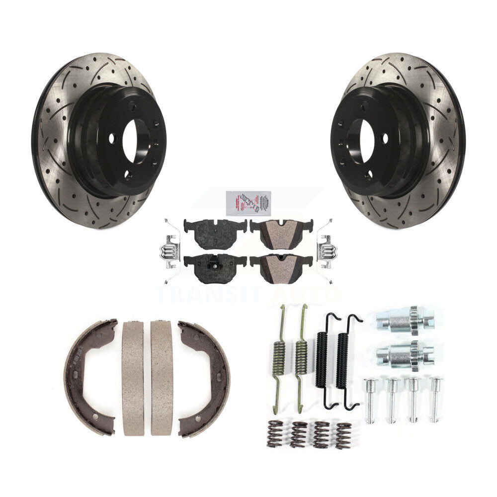 Rear Disc Drilled & Slotted Rotors Semi-Metallic Pads Parking Shoes Hardware Kit For BMW KDA-103815