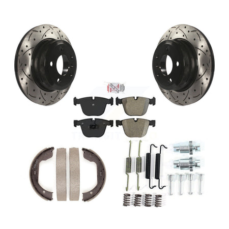 Rear Disc Drilled & Slotted Rotors Semi-Metallic Pads Parking Shoes And Hardware Kit For KDA-103816