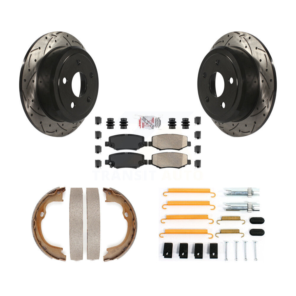 Rear Disc Drilled & Slotted Rotors Ceramic Pads Parking Shoes Hardware Kit For Jeep JK KDA-103818