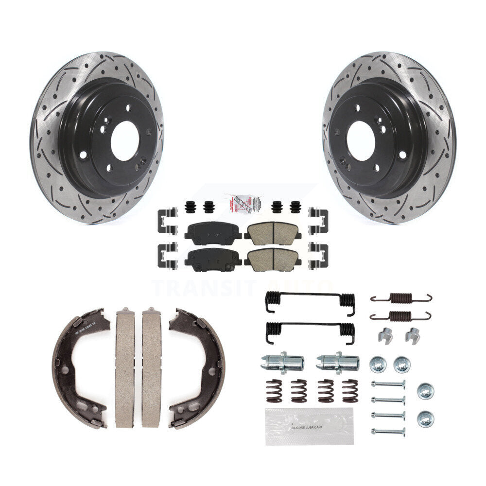 Rear Disc Drilled & Slotted Rotors Ceramic Pads Parking Brake Shoes And Hardware Kit For KDA-103827