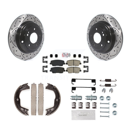 Rear Disc Drilled & Slotted Rotors Ceramic Pads Parking Brake Shoes And Hardware Kit For KDA-103827