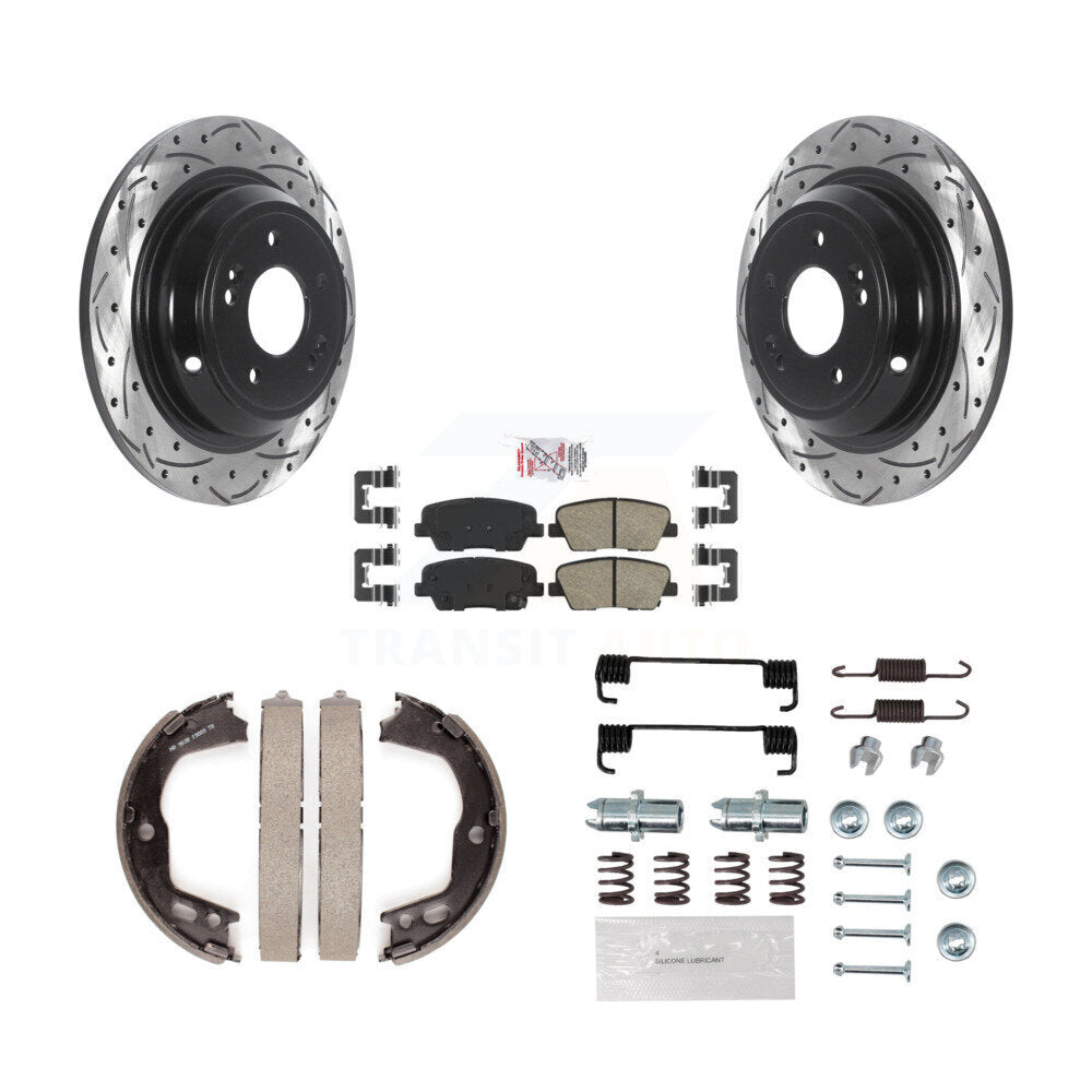 Rear Disc Drilled & Slotted Rotors Ceramic Pads Parking Brake Shoes And Hardware Kit For KDA-103828