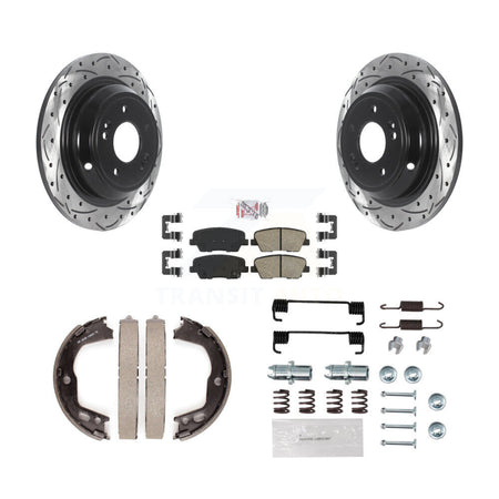 Rear Disc Drilled & Slotted Rotors Ceramic Pads Parking Brake Shoes And Hardware Kit For KDA-103828