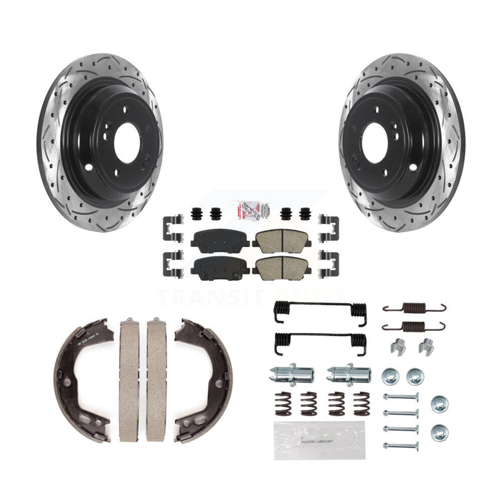 Rear Disc Drilled & Slotted Rotors Ceramic Pads Parking Brake Shoes And Hardware Kit For KDA-103829