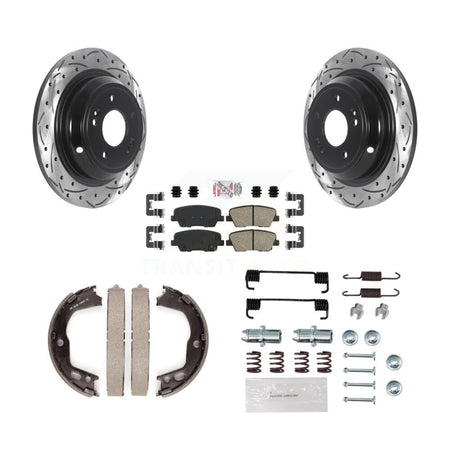 Rear Disc Drilled & Slotted Rotors Ceramic Pads Parking Brake Shoes And Hardware Kit For KDA-103829