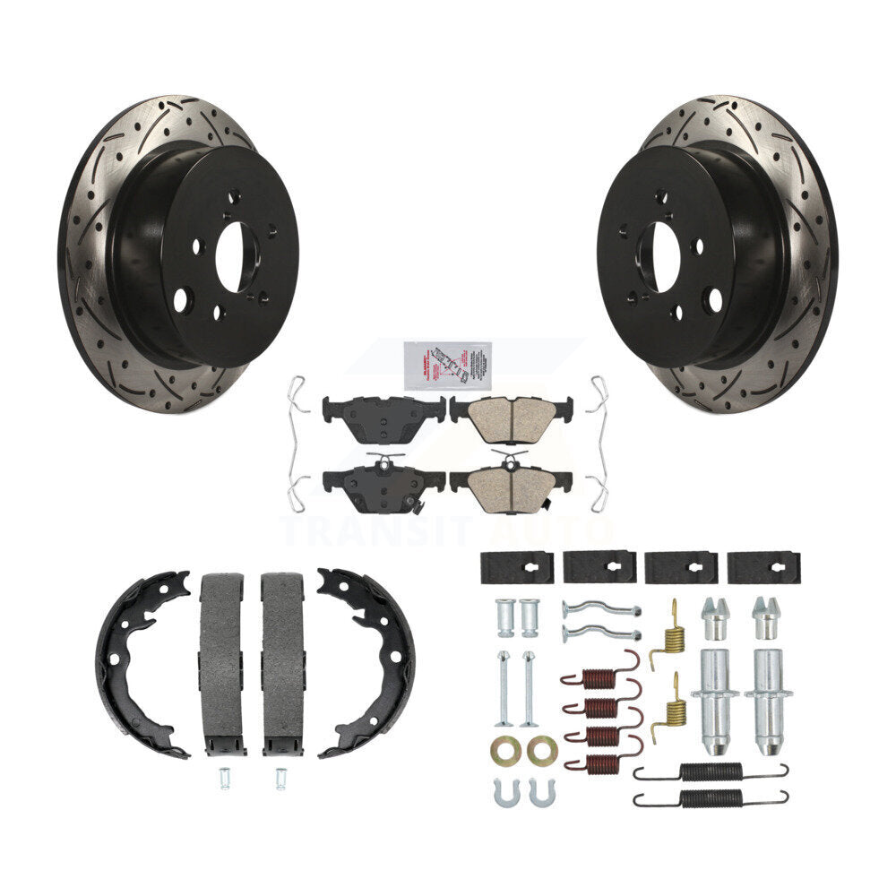 Rear Disc Drilled & Slotted Rotors Ceramic Pads Parking Brake Shoes And Hardware Kit For KDA-103835