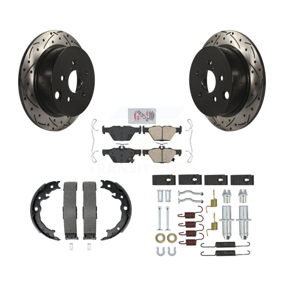 Rear Disc Drilled & Slotted Rotors Ceramic Pads Parking Brake Shoes And Hardware Kit For KDA-103835