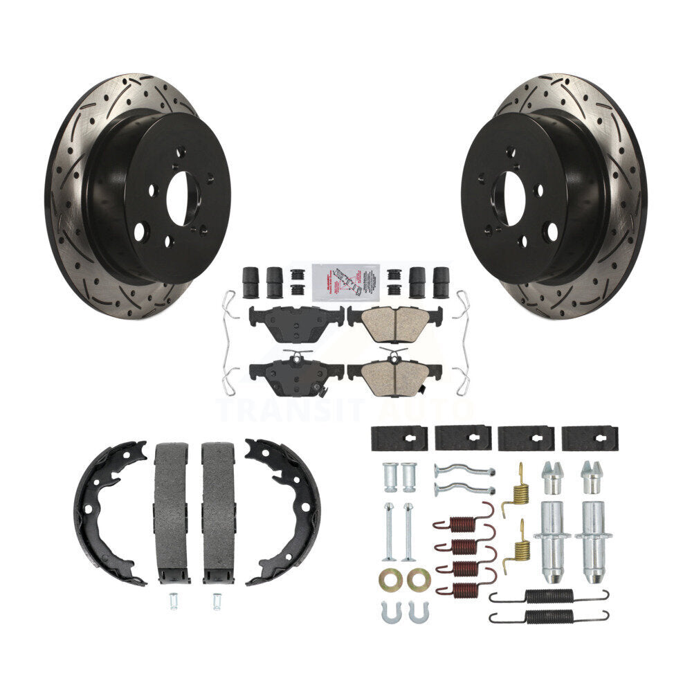 Rear Disc Drilled & Slotted Rotors Ceramic Pads Parking Brake Shoes And Hardware Kit For KDA-103836