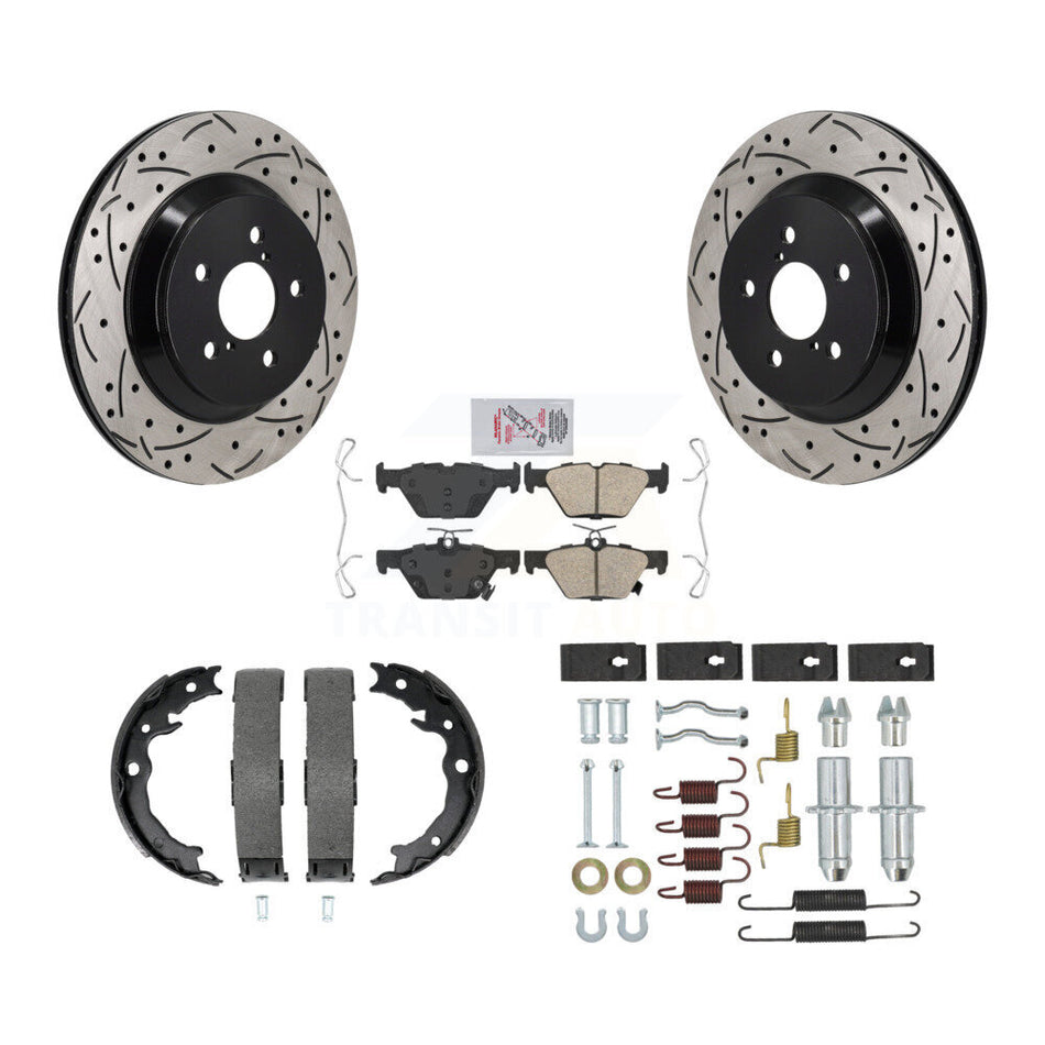 Rear Disc Drilled & Slotted Rotors Ceramic Pads Parking Brake Shoes And Hardware Kit For KDA-103837
