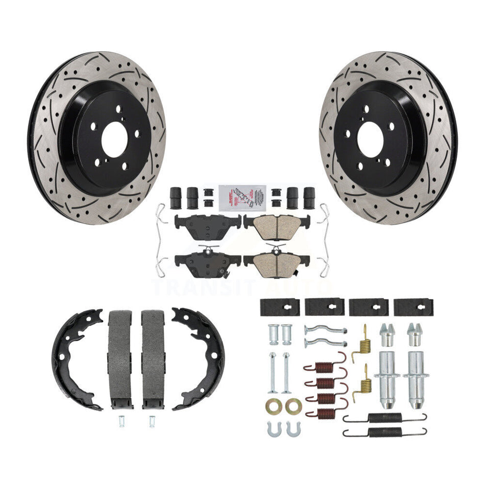 Rear Disc Drilled & Slotted Rotors Ceramic Pads Parking Brake Shoes And Hardware Kit For KDA-103838
