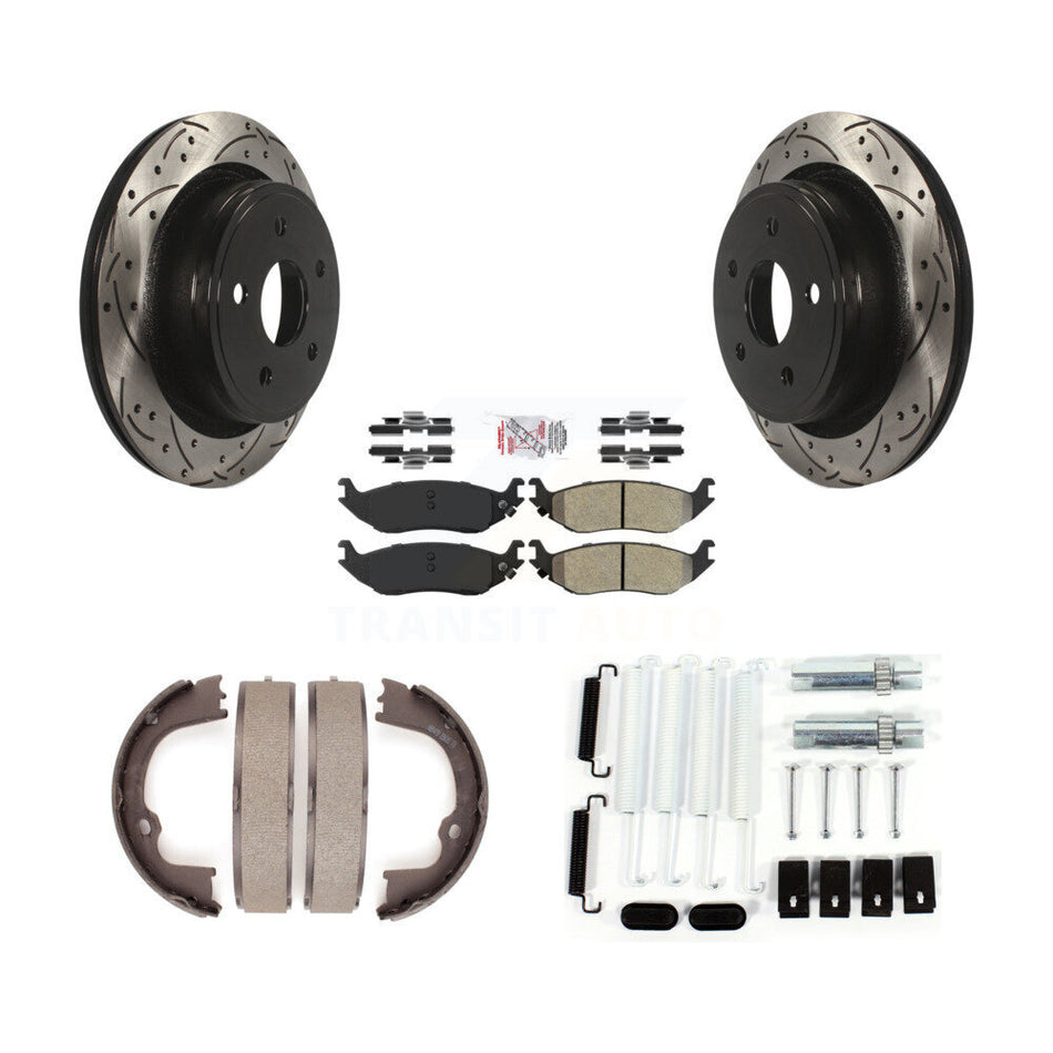 Rear Disc Drilled & Slotted Rotors Semi-Metallic Pads Parking Shoes Hardware Kit For Ram KDA-103840
