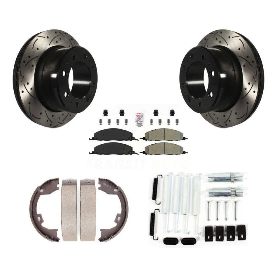 Rear Disc Drilled & Slotted Rotors Semi-Metallic Pads Parking Shoes And Hardware Kit For KDA-103841