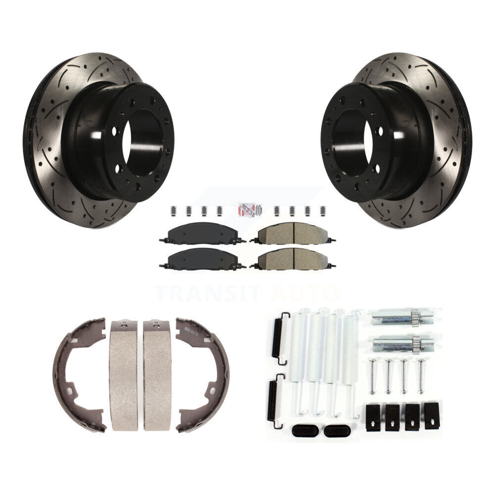 Rear Disc Drilled & Slotted Rotors Semi-Metallic Pads Parking Shoes And Hardware Kit For KDA-103842