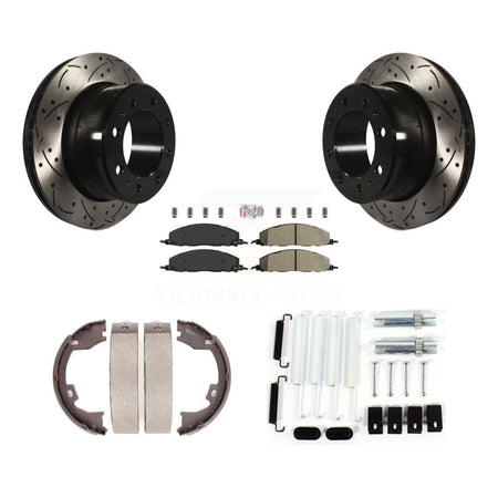 Rear Disc Drilled & Slotted Rotors Semi-Metallic Pads Parking Shoes And Hardware Kit For KDA-103842