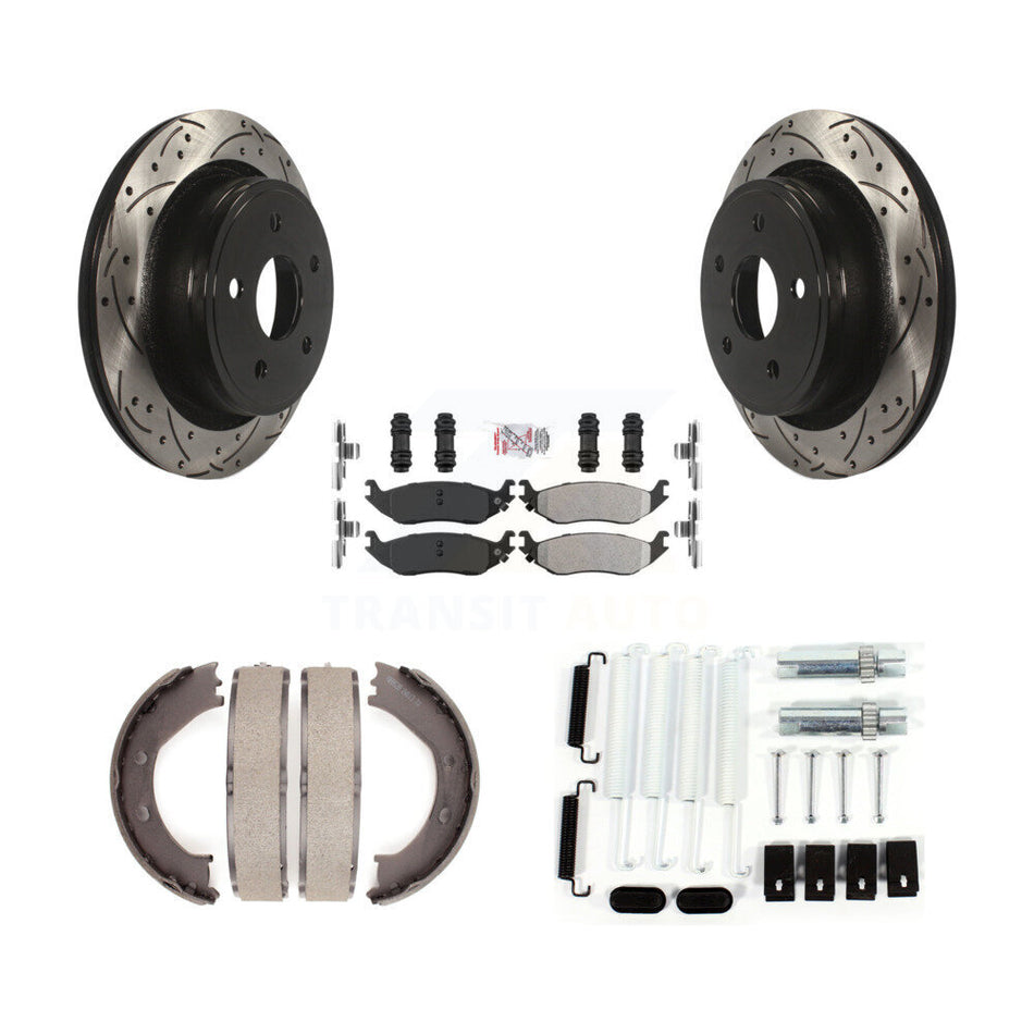 Rear Disc Drilled & Slotted Rotors Semi-Metallic Pads Parking Shoes Hardware Kit For Ram KDA-103843