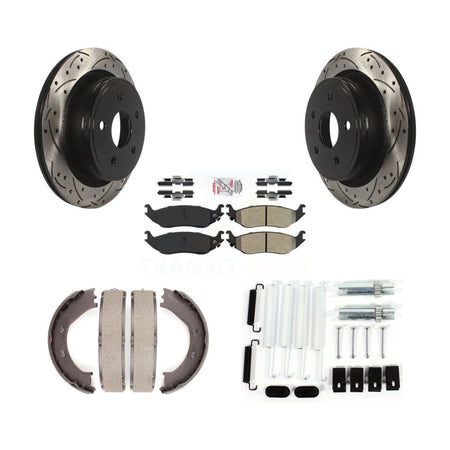 Rear Disc Drilled & Slotted Rotors Semi-Metallic Pads Parking Shoes Hardware Kit For Ram KDA-103844