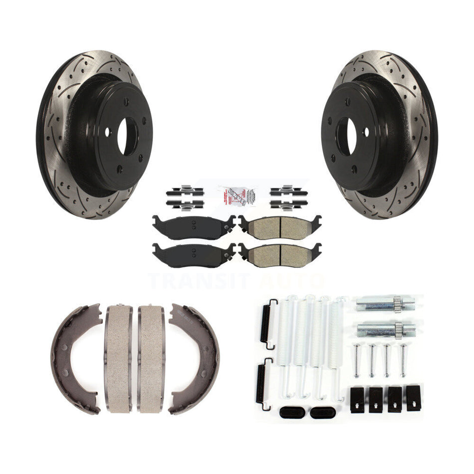 Rear Disc Drilled & Slotted Rotors Semi-Metallic Pads Parking Shoes Hardware Kit For Ram KDA-103844