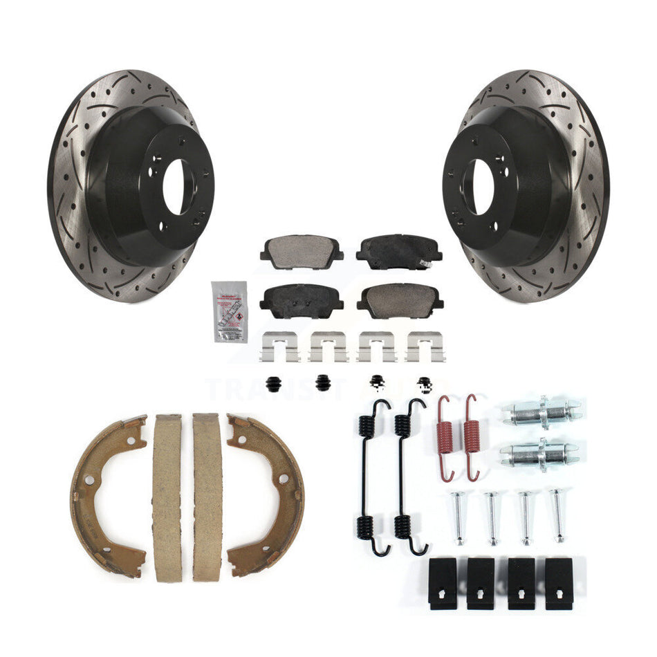 Rear Disc Drilled & Slotted Rotors Ceramic Pads Parking Shoes Hardware Kit For Hyundai Fe KDA-103847