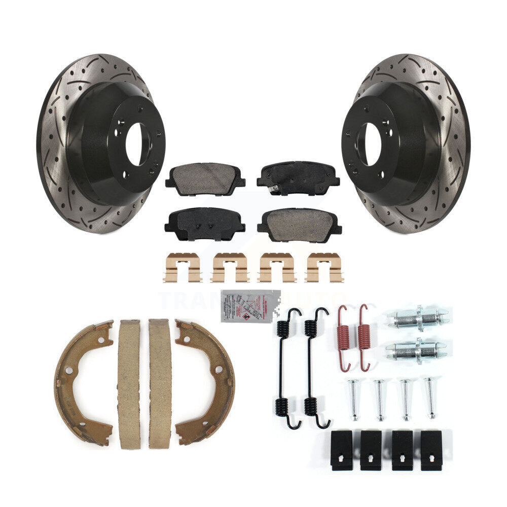 Rear Disc Drilled & Slotted Rotors Ceramic Pads Parking Shoes Hardware Kit For Hyundai Fe KDA-103848