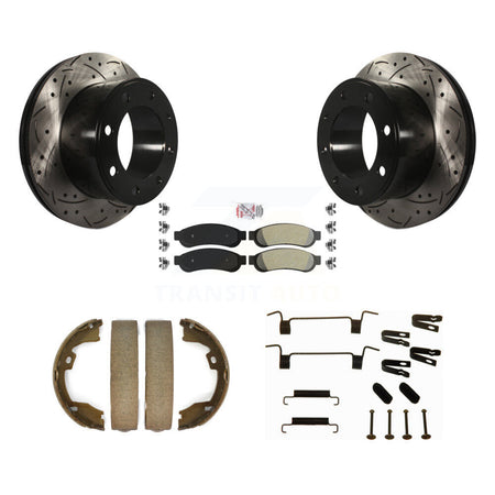 Rear Disc Drilled & Slotted Rotors Semi-Metallic Pads Parking Shoes Hardware Kit For Ford KDA-103849