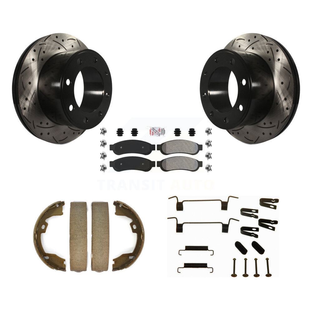 Rear Disc Drilled & Slotted Rotors Semi-Metallic Pads Parking Shoes Hardware Kit For Ford KDA-103850