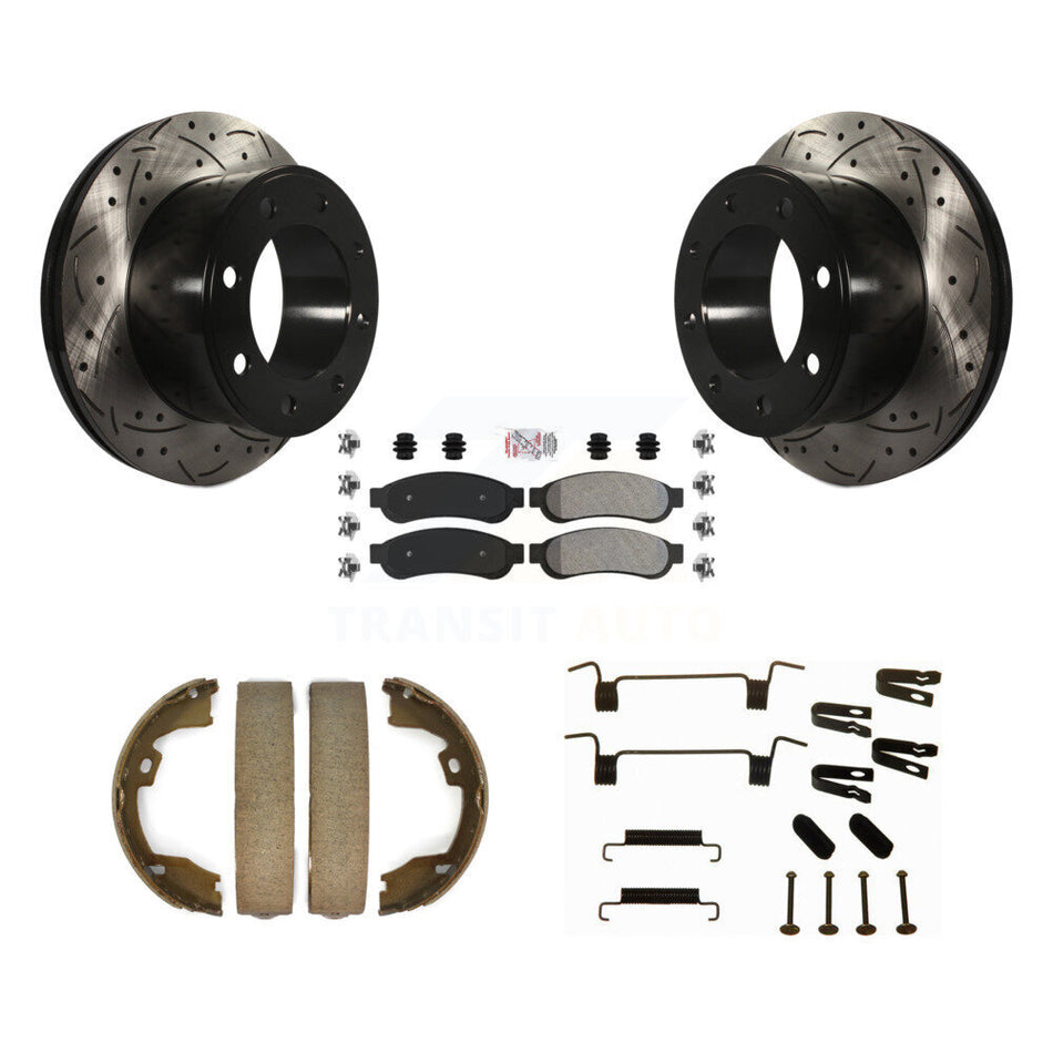 Rear Disc Drilled & Slotted Rotors Semi-Metallic Pads Parking Shoes Hardware Kit For Ford KDA-103850