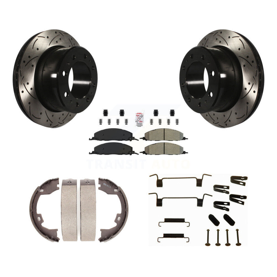 Rear Disc Drilled & Slotted Rotors Semi-Metallic Pads Parking Shoes Hardware Kit For Ram KDA-103851