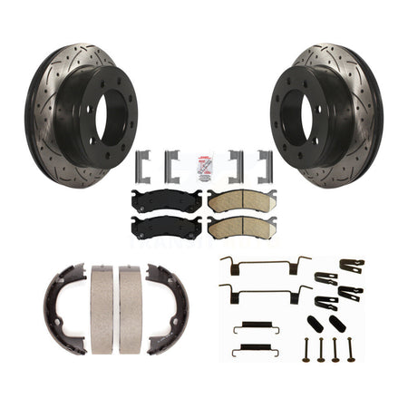 Rear Disc Drilled & Slotted Rotors Ceramic Pads Parking Shoes Hardware Kit For Chevrolet KDA-103853