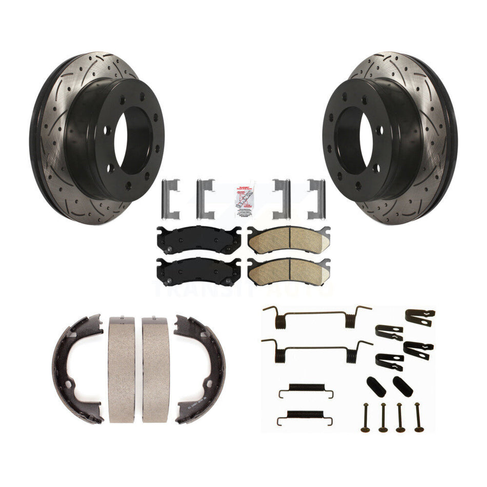 Rear Disc Drilled & Slotted Rotors Ceramic Pads Parking Shoes Hardware Kit For Chevrolet KDA-103853