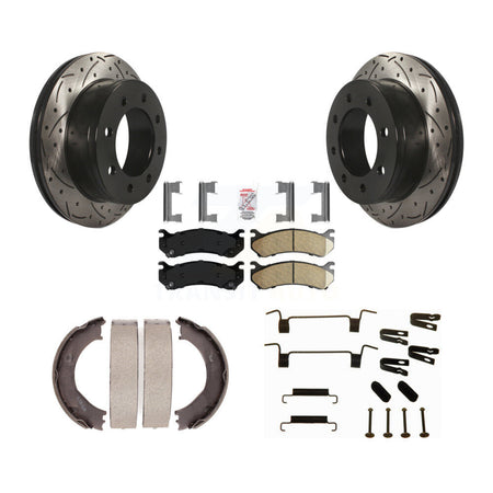 Rear Disc Drilled & Slotted Rotors Ceramic Pads Parking Shoes Hardware Kit For Chevrolet KDA-103855
