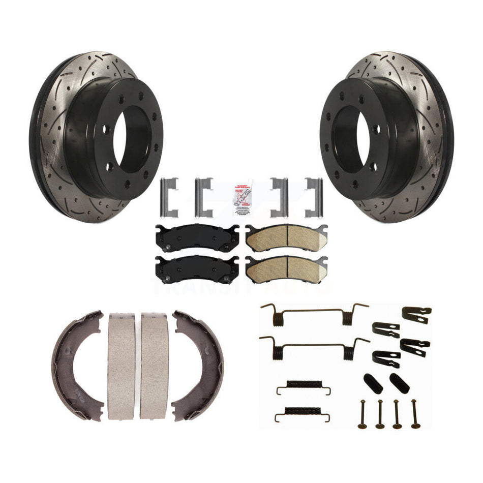 Rear Disc Drilled & Slotted Rotors Ceramic Pads Parking Shoes Hardware Kit For Chevrolet KDA-103855