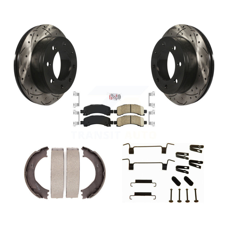 Rear Disc Drilled & Slotted Rotors Ceramic Pads Parking Shoes Hardware Kit For Chevrolet KDA-103857