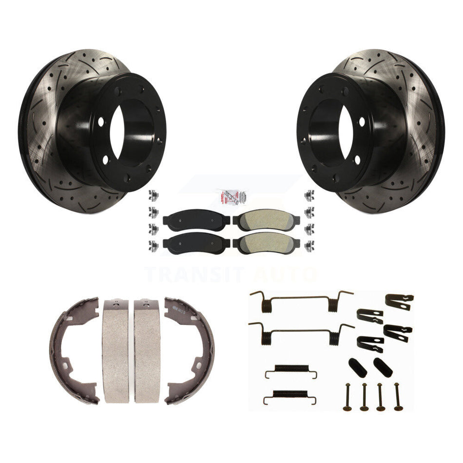 Rear Disc Drilled & Slotted Rotors Semi-Metallic Pads Parking Shoes Hardware Kit For Ford KDA-103863