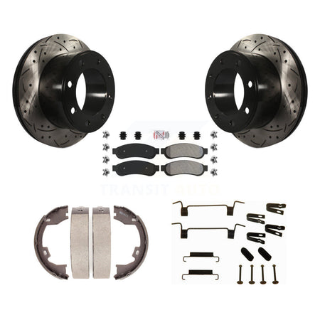 Rear Disc Drilled & Slotted Rotors Semi-Metallic Pads Parking Shoes Hardware Kit For Ford KDA-103864