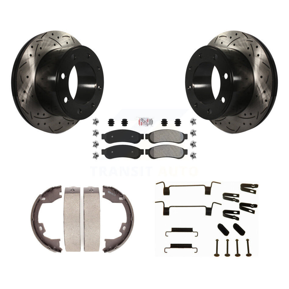 Rear Disc Drilled & Slotted Rotors Semi-Metallic Pads Parking Shoes Hardware Kit For Ford KDA-103864