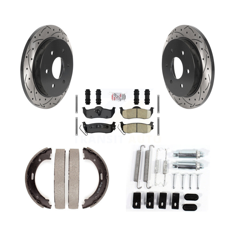 Rear Disc Drilled & Slotted Rotors Ceramic Pads Parking Shoes And Hardware Kit For Nissan KDA-103865
