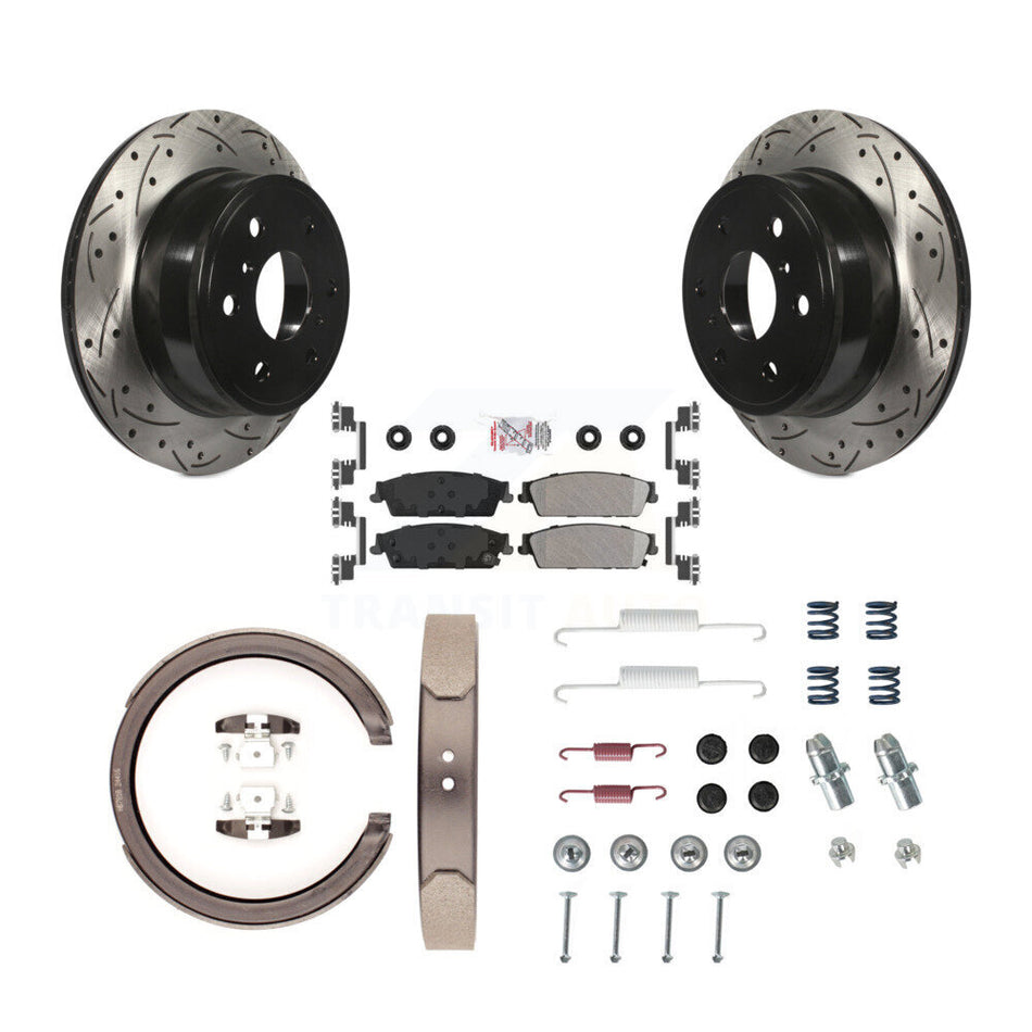Rear Disc Drilled & Slotted Rotors Semi-Metallic Pads Parking Shoes Hardware Kit For GMC KDA-103867