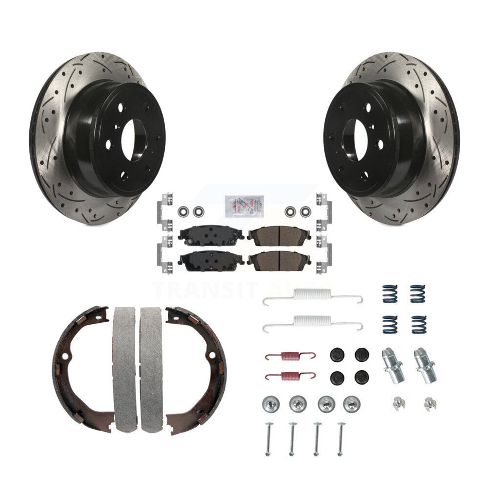 Rear Disc Drilled & Slotted Rotors Semi-Metallic Pads Parking Shoes Hardware Kit For GMC KDA-103869