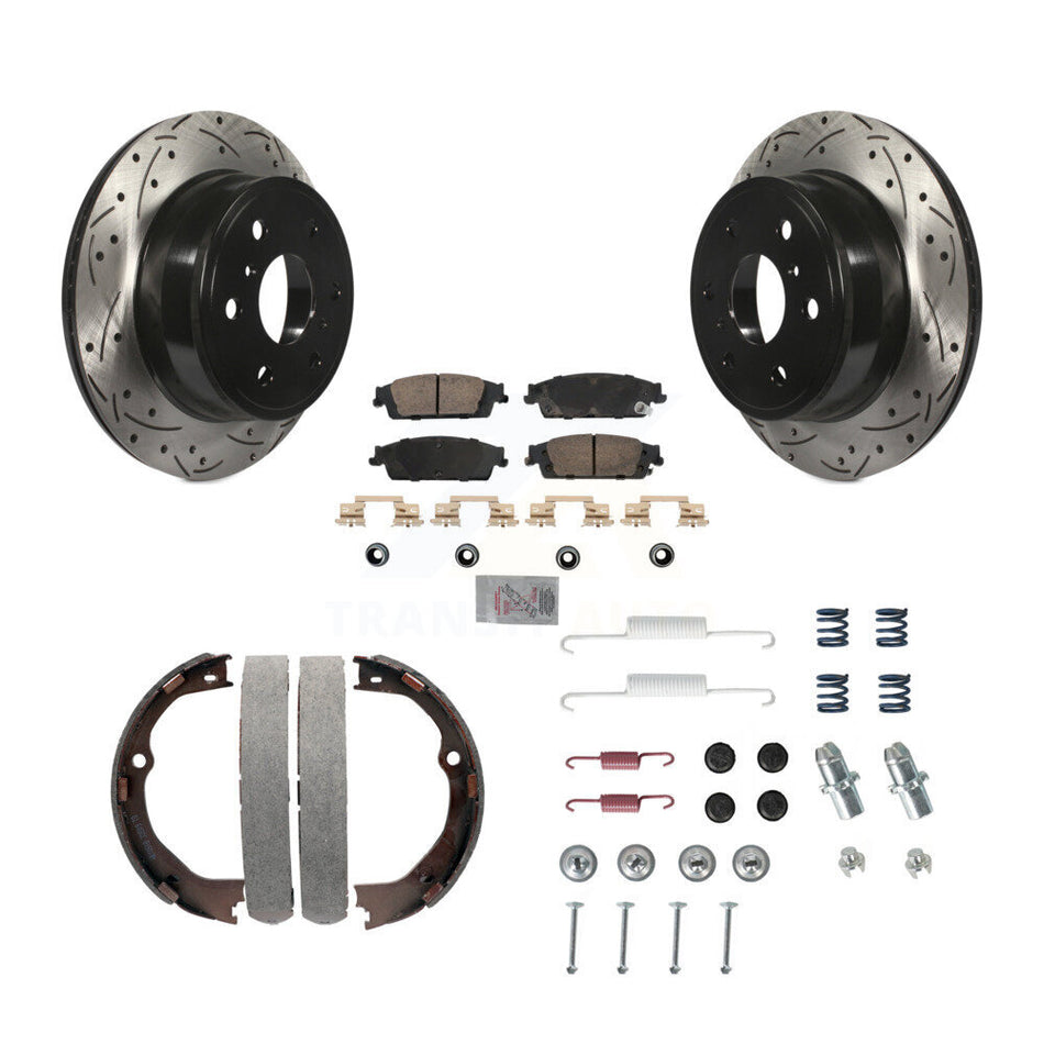 Rear Disc Drilled & Slotted Rotors Ceramic Pads Parking Shoes Hardware Kit For GMC Sierra KDA-103870