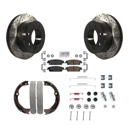 Rear Disc Drilled & Slotted Rotors Semi-Metallic Pads Parking Shoes And Hardware Kit For KDA-103872