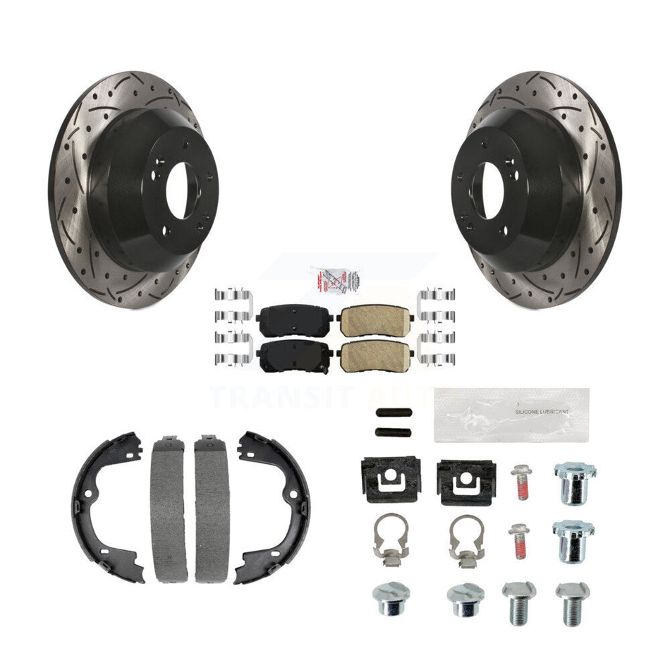 Rear Disc Drilled & Slotted Rotors Ceramic Pads Parking Shoes Hardware Kit For Kia Sedona KDA-103875