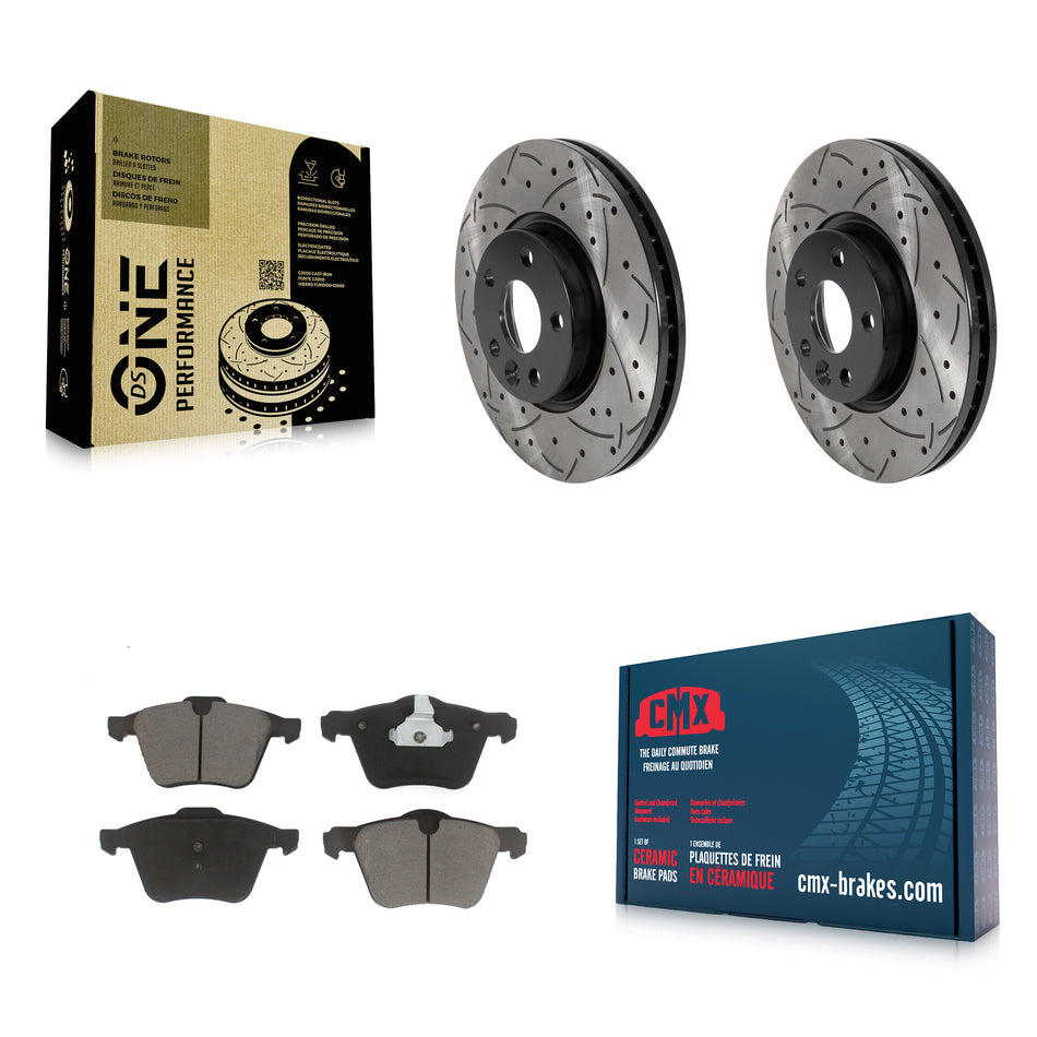 Front Coated Drilled Slotted Disc Brake Rotors And Ceramic Pads Kit For 2008 Volvo V70 With 300mm Diameter Rotor KDC-100080