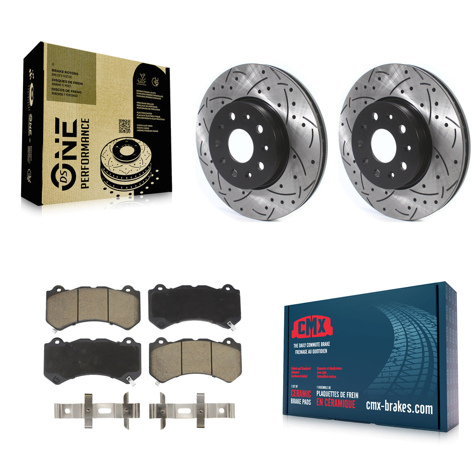 Front Coated Drilled Slotted Disc Brake Rotors And Ceramic Pads Kit For 2019-2020 Chevrolet Camaro LT LS With 6 Piston Brembo Calipers KDC-100104