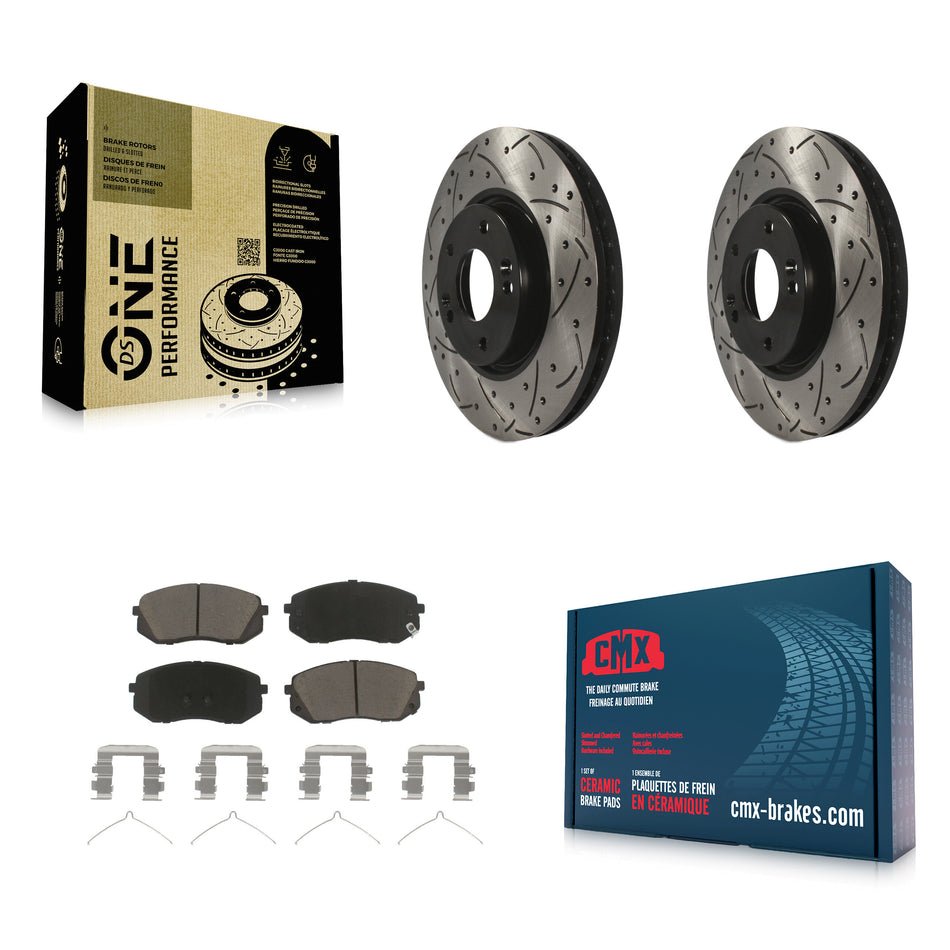 Front Coated Drilled Slotted Disc Brake Rotors And Ceramic Pads Kit For 2016 Hyundai Sonata FULL HYBRID EV-GAS (FHEV) engine KDC-100137