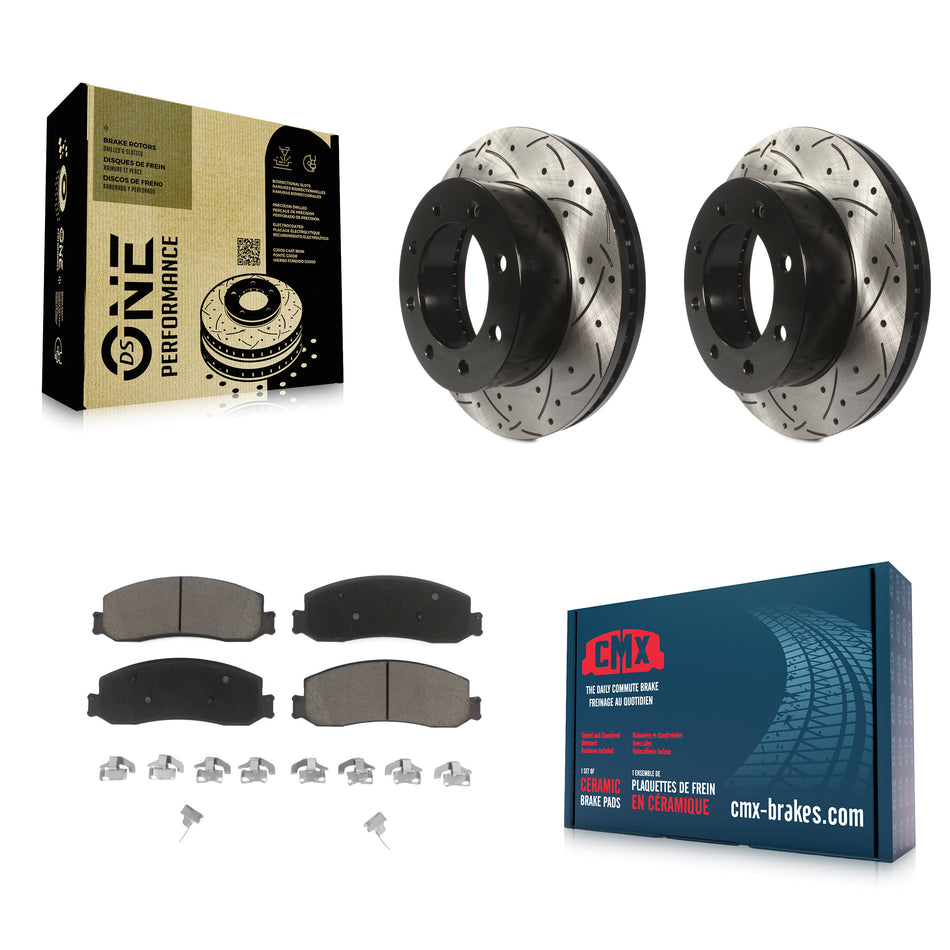 Front Coated Drilled Slotted Disc Brake Rotors And Ceramic Pads Kit For Ford F-250 Super Duty F-350 With Single Rear Wheels 4WD KDC-100180