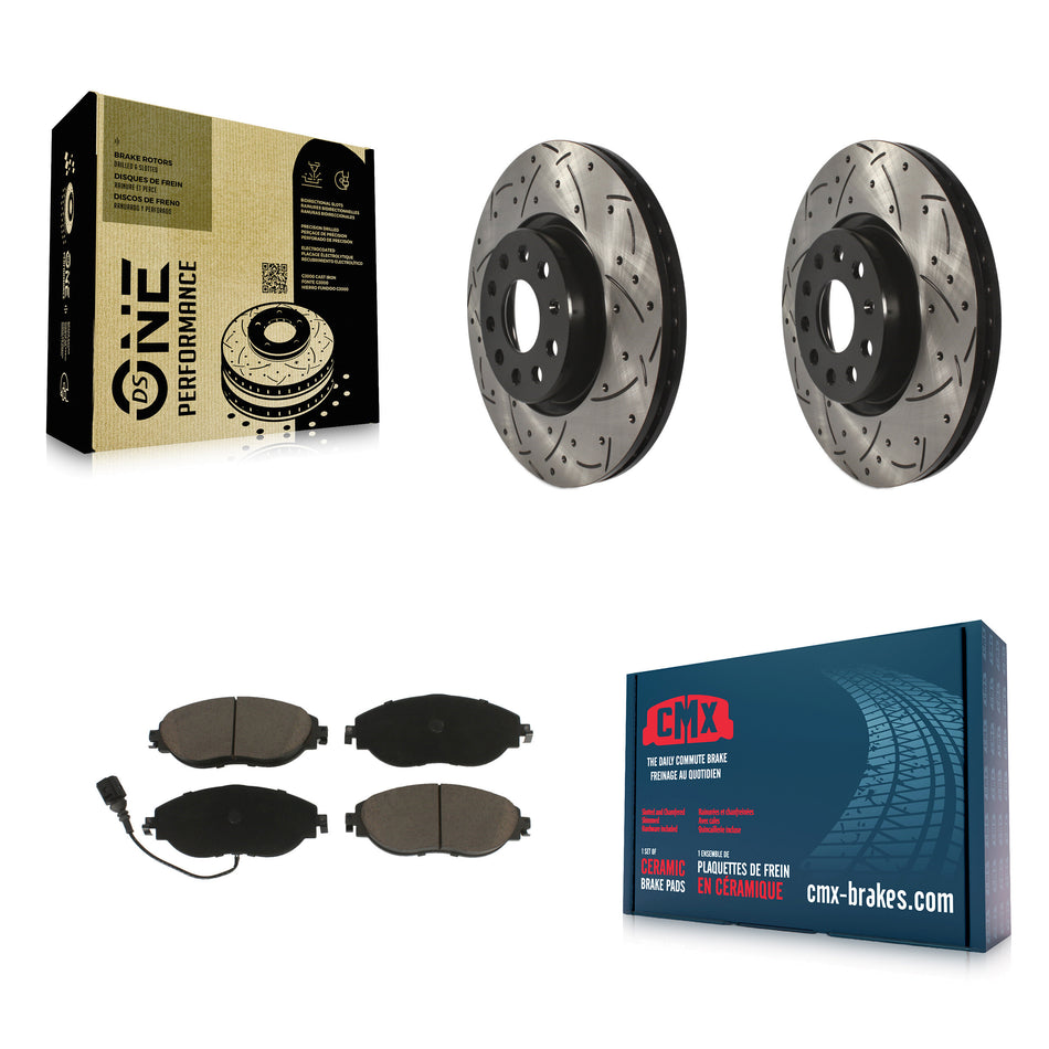 Front Coated Drilled Slotted Disc Brake Rotors And Ceramic Pads Kit For 2015 Volkswagen GTI With Performance Package KDC-100225