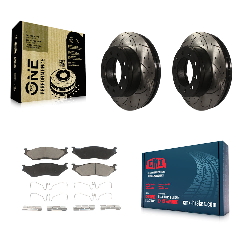 Front Coated Drilled Slotted Disc Brake Rotors And Ceramic Pads Kit For Ford F-450 Super Duty F-550 International CF500 CF600 KDC-100244