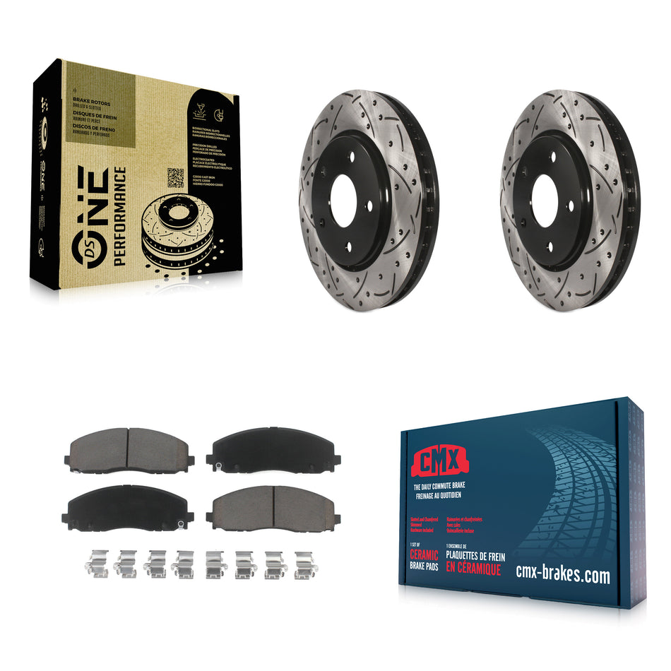 Front Coated Drilled Slotted Disc Brake Rotors And Ceramic Pads Kit For 2017-2018 Dodge Grand Caravan With Single Piston Caliper KDC-100259
