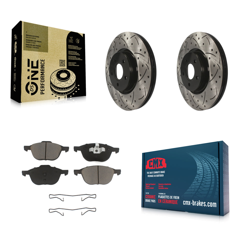 Front Coated Drilled Slotted Disc Brake Rotors And Ceramic Pads Kit For 2014 Ford Connect 104.8" wheel base KDC-100269